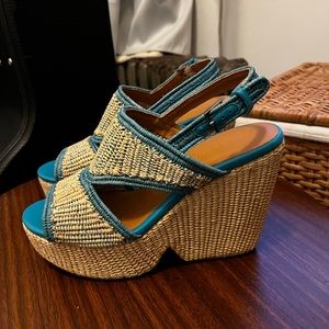 Robert Clergerie Teal and Tan Platform Sandals